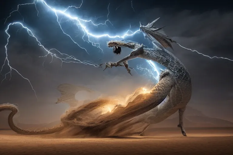 Prompt: sand dragon with lightnings and smoke is fighting against giant wind monster with cyclones, cgsociety, full length, exquisite detail, post - processing, masterpiece, volumetric lighting, cinematic, hypermaximalistic, polarizing filter,, sony a 7 r iv, cinematic, 8 k resolution, beautiful detailed, insanely intricate details, sharp edges, smooth focus, low angle,