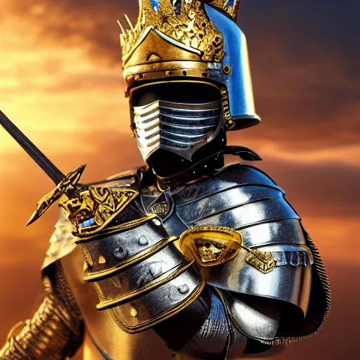 Image similar to a highly detailed knight in a T golden helmet and a golden crown with a blue diamond in the center, golden armor, leather clothes under the armor, leather gloves, holds a black sword, artstation, DeviantArt, professional, octane render, sunset lighting