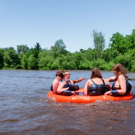 Prompt: a group of 4 people on 4 separate inner tubes floating on a river eating copious amounts of food