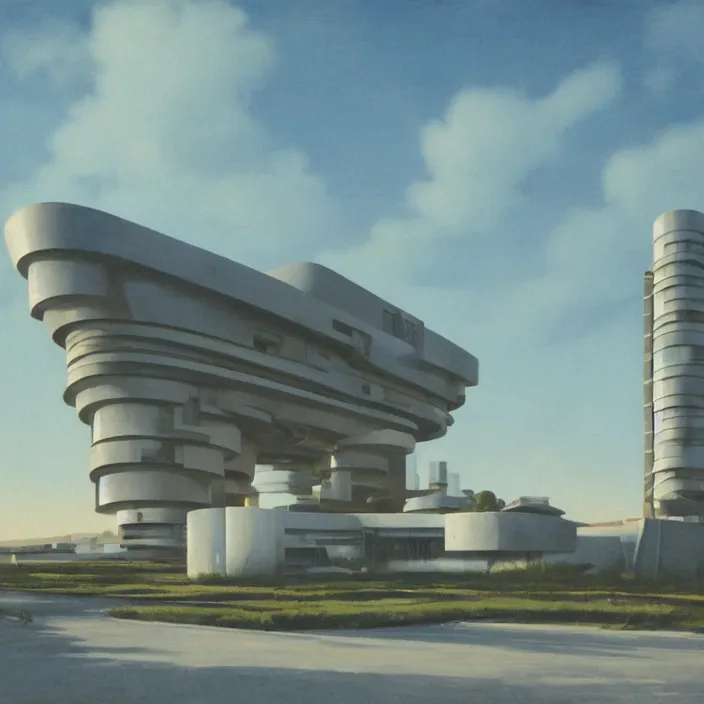 Prompt: a building in a serene landscape, retrofuturism