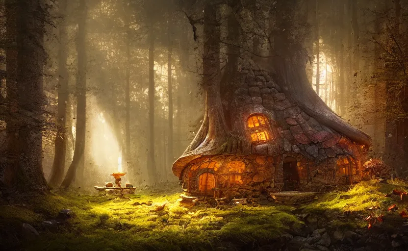 Image similar to A mushroom house in a tall mushroom, warm light coming from the windows, in a dark forest, macro, cool tones, underexposed, overecast, mysterious matte painting by greg rutkowski and marc simonetti and Ivan Shishkin, 4k