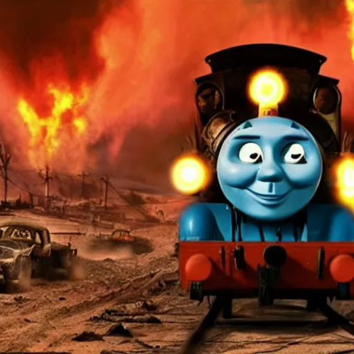 Prompt: evil chthonic Thomas the Tank Engine in the fiery Wasteland of MAD MAX: FURY ROAD