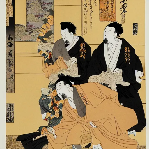 Image similar to wu-tang clan rapping, portrait, style of ancient text, hokusai