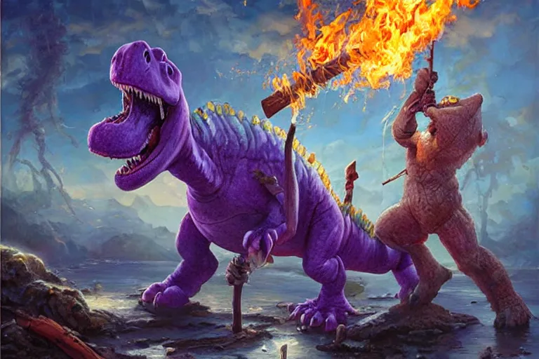 Image similar to barney the dinosaur holding a fire axe, an oil painting by ross tran and thomas kincade