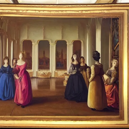 Image similar to fine art, oil on canvas. six women in a vast castle lobby wearing fine clothes, two of them are drinking tea. dark room with light coming through the right side. baroque style 1 6 5 6. high quality realistic recreation of illumination shadows and colors, no distortion on subject faces.