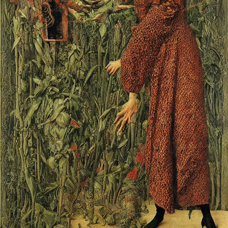 Image similar to a animalistic woman with her skin covered in patterns, fish scales, snake skin, her face looks like a orchid, huge plants tower around her, jan van eyck, max ernst