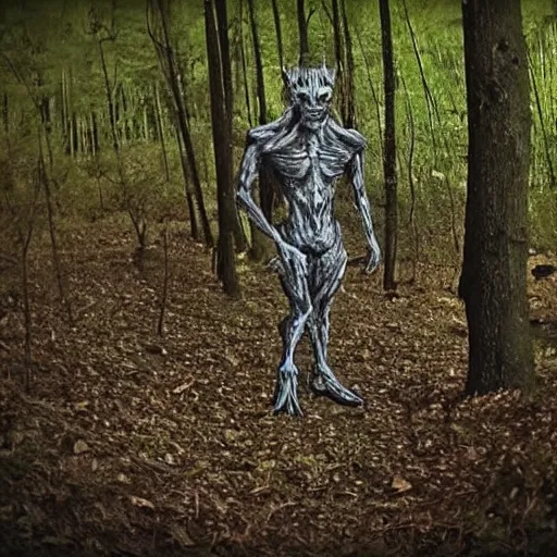 Image similar to dashcam photo of a humanoid devil monster caught in the woods, dark, heavy, night,