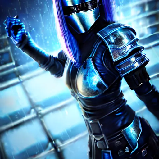 Image similar to An hyperrealistic portrait painting of a female cyberpunk armor ninja, no face mask, blue and ice silver color armor, cyberpunk feel raining at tokyo midnight rooftop, unreal 5, DAZ, 8k, hyperrealistic, octane render, cosplay, RPG portrait, final fantasy artwork concept, dramatic lighting, rim lights, PS5 render quality