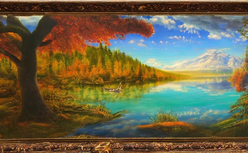 Image similar to beautiful award winning mythical painting of a canadian lake, extreme detail, 4 k, ultra hd