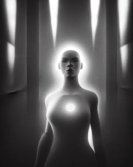 Image similar to black and white high quality photo of a beautiful futuristic female human-AI-queen looking into a sci-fi mirror:: volumetric lighting, liminal space, brutalism, foggy, dreamy, hyperdetailed, bokeh, photorealistic, cinematic, masterpiece, Metropolis, elegant, dark, octane render, 8K, photograph taking in 1910