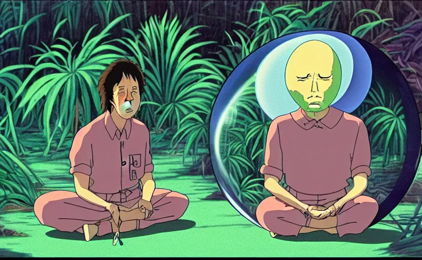 Prompt: hyperrealist, studio ghibli dull colors portrait cartoon from close encounters of the third kind 1 9 7 7 of a mauve pocketwatch shaman meditating in a wide bubble jungle desert stonehenge.