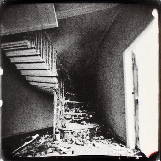 Image similar to the interior of a dark abandoned house with a creepy pale face at the top of a dark stairwell, old polaroid, blurry photo, expired film,