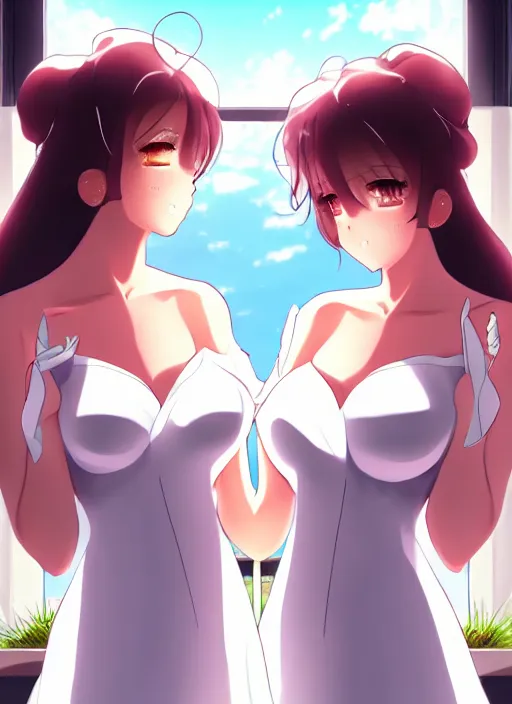 Prompt: two beautiful mothers outside in the evening, white dresses, gorgeous faces, thick lines, cinematic lighting, detailed anime art