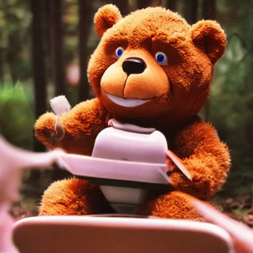 Image similar to candid photo of Teddy Ruxpin in the woods, sitting on the porcelain throne, playing with fire by Annie Leibowitz, photorealisitc, extremely detailed