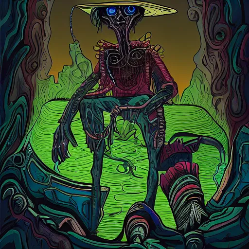 Prompt: digital painting of a corrupted eldritch cowboy by Dan Mumford, hyperdetailed, trending on Artstation