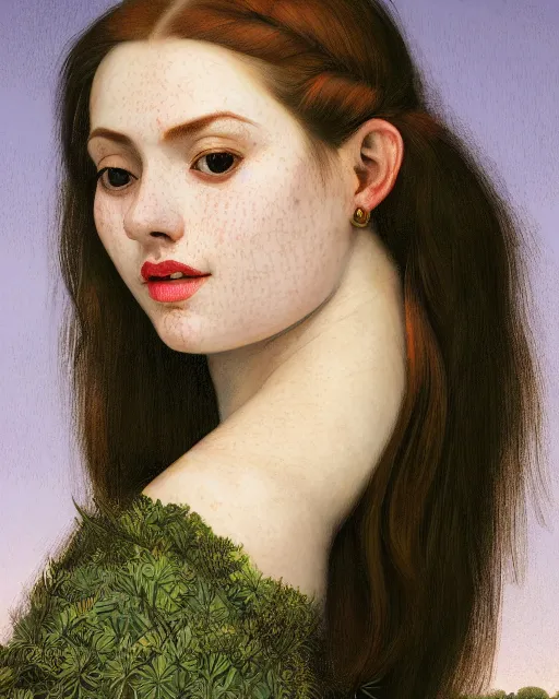 Image similar to a happy, modern looking young woman looking over shoulder, wonderful dress, among the lights of golden fireflies and nature, long loose red hair, intricate details, green eyes, small nose with freckles, triangle shape face, smiling, golden ratio, high contrast, hyper realistic digital art by artemisia lomi gentileschi and caravaggio and artgerm.