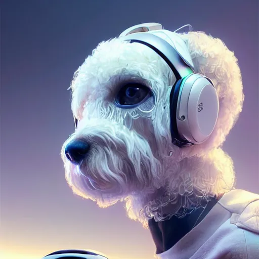 Prompt: cyborg white cockapoo wearing headphones, anatomy, bathed in light, highly detailed, photorealistic, artstation, smooth, sharp focus, illustration, unreal engine 5, 8 k, art by artgerm and greg rutkowski and edgar maxence