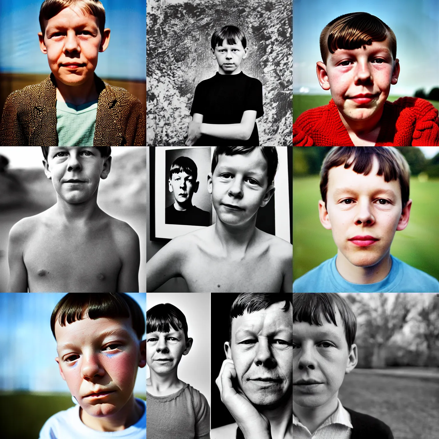 Prompt: a close up portrait of joe orton aged 9 with background scenery by juergen teller, iris van herpen rankin, ring - flash