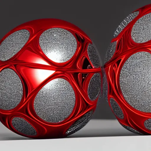 Prompt: chrome spheres on a red cube by de es schwertberger