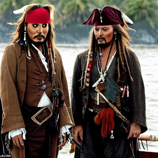 Prompt: donald trump acting next to jack sparrow in the pirates of the caribbean movie