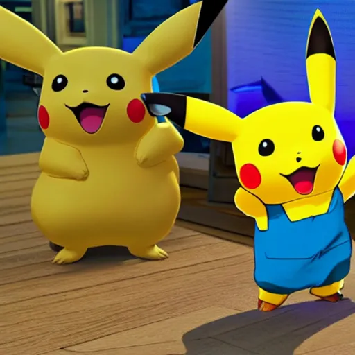 Image similar to pikachu in fornite holding shotgun ray tracing 3 d cgsociety dramatic lighting