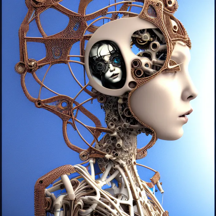 Prompt: 3 d render, biomechanical beautiful young female cyborg with a porcelain profile face, analog, hexagonal mesh fine wire, alexander mcqueen, art nouveau fashion embroidered, steampunk, mandelbrot fractal, picture taken in 1 9 3 0