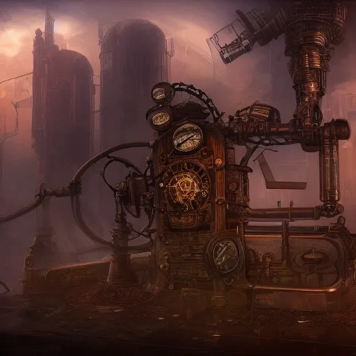 Prompt: steampunk gaming computer, powerful, dramatic lighting, intricate, wild, highly detailed, digital painting, cinematic, artstation, concept art, sharp edges and focus, illustration, design