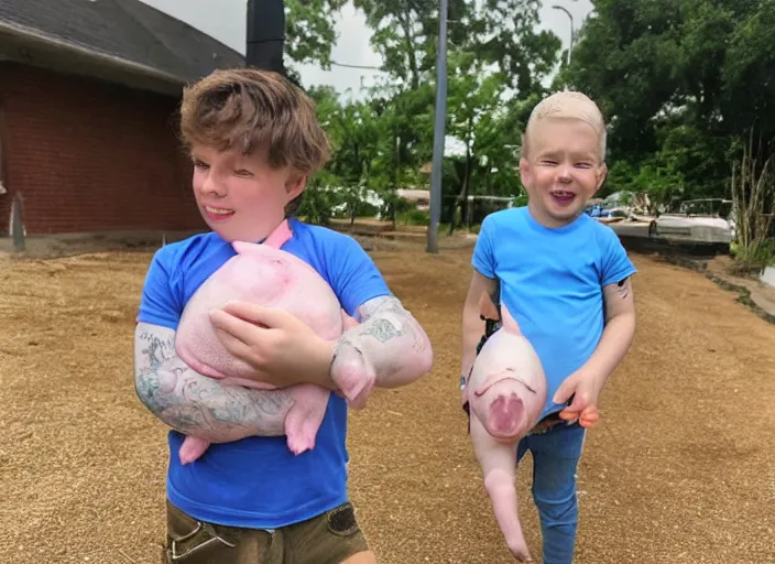 Image similar to a trans boy with a piglet. memphis style