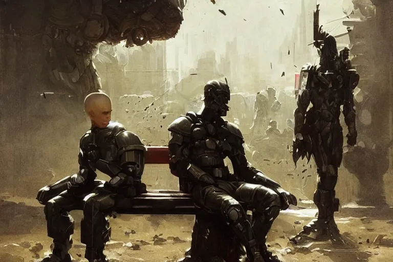 Prompt: an intense battle rages behind an android soldier sitting on a bench, laser blasts, dramatic, he is sad, hunched shoulders, detailed concept art by caravaggio and greg rutkowski and norman rockwell and ruan jia