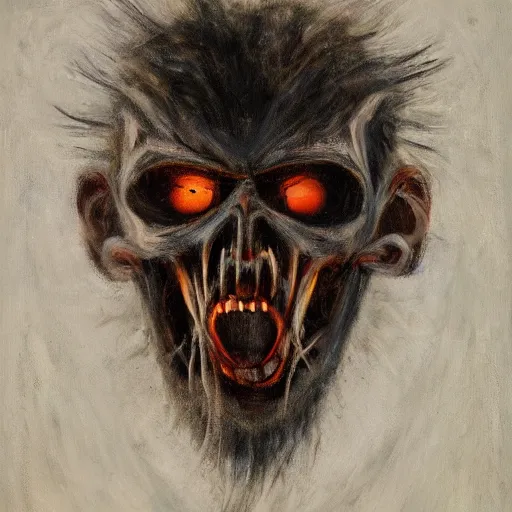 Image similar to The frozen husk, wendigo, of infernal human. Oil on canvas, private collection, 1644