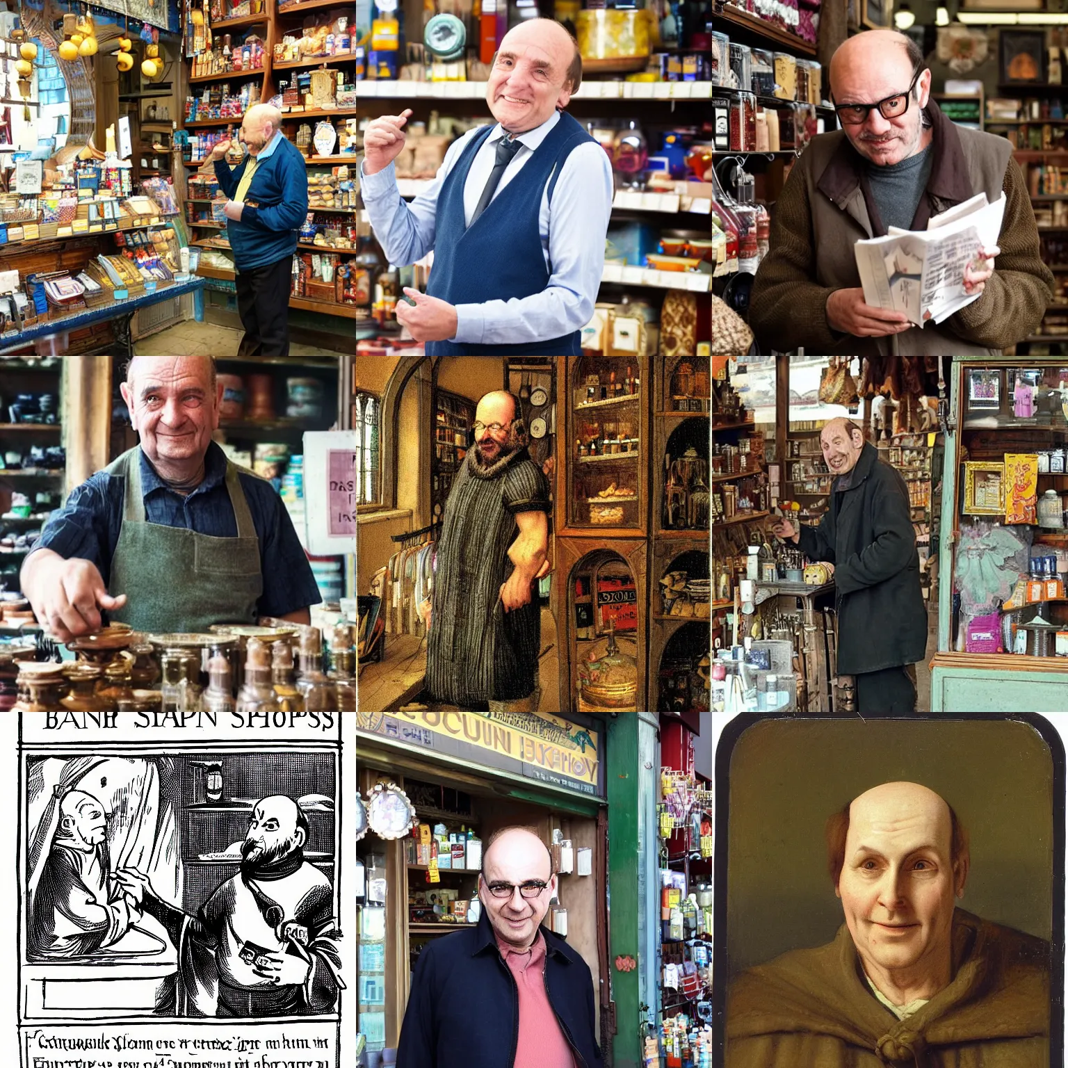 Prompt: a lean and balding human male shopkeeper of fifty years with a kindly manner, fantasy, medieval