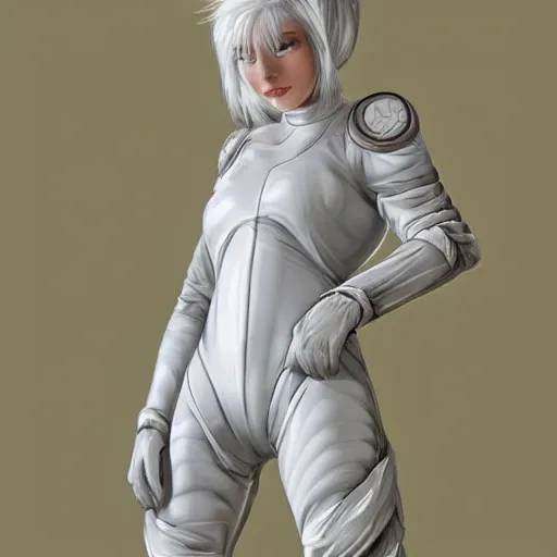 Image similar to beautiful white haired woman dressed in see through space suit in the style of zezhou chen highly detailed, smooth, sharp focus