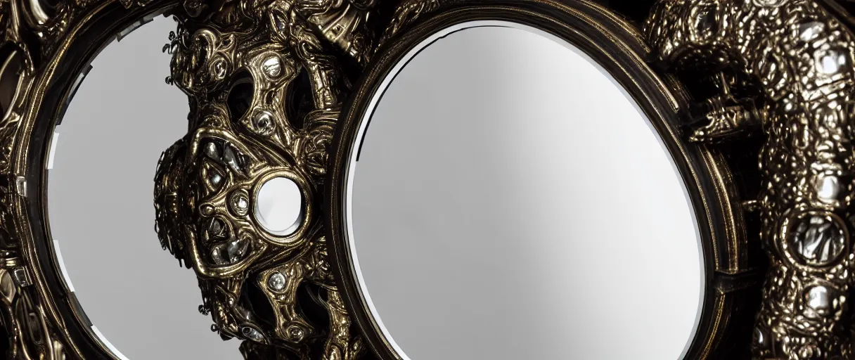 Image similar to hyperrealist highly detailed neo-baroque portrait of high fashion monster demon wearing reflective mirror mirrored reflection armor, concept art pascal blanche dramatic studio lighting 8k wide angle shallow depth of field