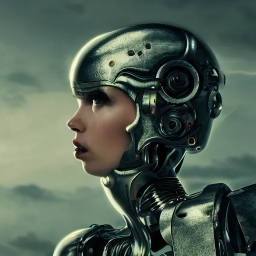 Prompt: masterpiece closeup portrait of a beautiful girl cyborg-armored in a surreal dream landscape, cinematic lighting, Marco Plouffe, 8k