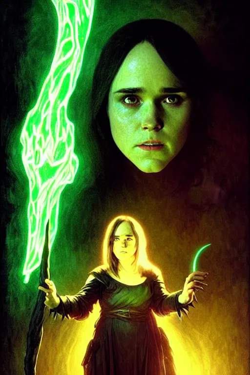 Prompt: ellen page as a dark sorceress with yellow glowing eyes casting a green spell, green lighting, fantasy character portrait, ultra realistic, concept art, intricate details, highly detailed by james bama, william adolphe bouguereau and frank frazetta