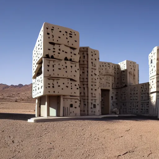 Image similar to big scale baby toy hotel in the dessert, brutalism