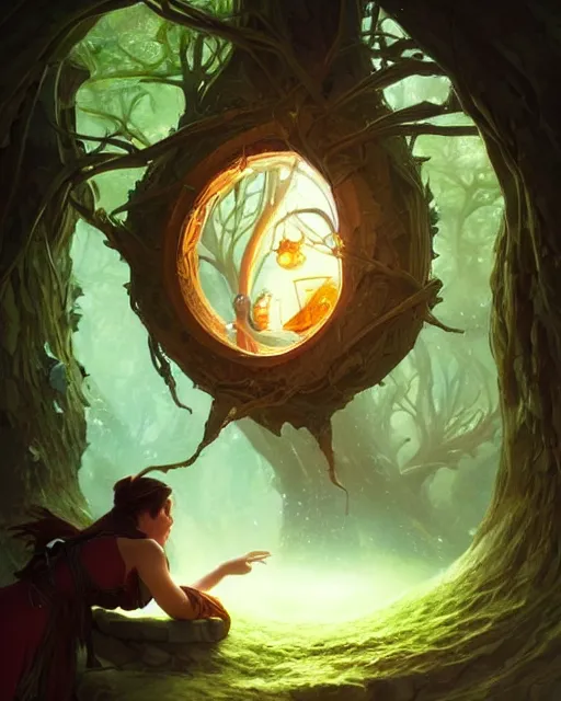 Image similar to A time portal inside a tree, deep focus, D&D, fantasy, intricate, elegant, highly detailed, digital painting, artstation, concept art, matte, sharp focus, illustration, hearthstone, art by Artgerm and Greg Rutkowski and Alphonse Mucha