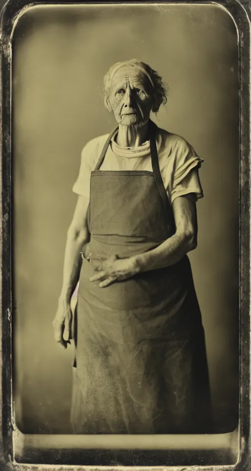 Image similar to a wet plate photograph, a portrait of an older washer woman in an apron