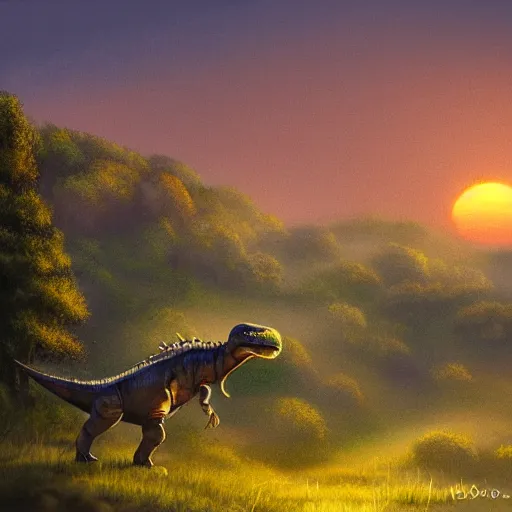 Image similar to dinosaur in the distance walking through shrubbery, over hills, misty, sunset, painting, detailed landscape
