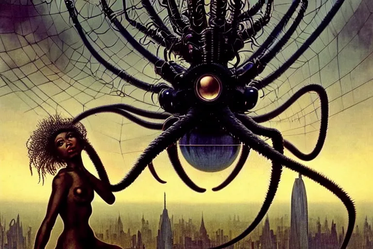 Image similar to realistic detailed portrait movie shot of a beautiful black woman riding a giant spider, dystopian city landscape background by denis villeneuve, amano, yves tanguy, alphonse mucha, max ernst, ernst haeckel, kehinde wiley, jean delville, david lynch, roger dean, cyber necklace, rich moody colours, sci fi patterns, dramatic, wide angle