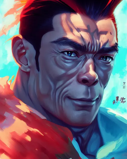 Image similar to anime portrait of Jean Claude van Damme as an anime man by Stanley Artgerm Lau, WLOP, Rossdraws, James Jean, Andrei Riabovitchev, Marc Simonetti, and Sakimichan, trending on artstation