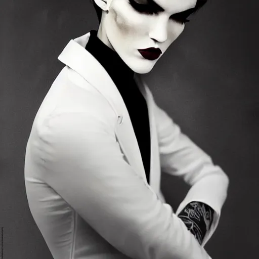 Image similar to beautiful portrait of androgynous ruby rose as desire from sandman in a white tuxedo!!!, rockabilly style, by peter lindbergh, by alphonse mucha, cedric peyravernay, by jeremy mann, by frank moth, white suit and black tie, soft lightning, high detailed, 8 k