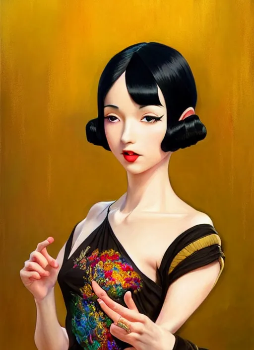 Image similar to a beautiful dancer with black hair in 1930's fashion, living room background, intricate, highly detailed, digital painting, artstation, official media, anime key visual, concept art, rich vivid colors, ambient lighting, sharp focus, illustration, art by Artgerm, Makoto Shinkai, Ilya Kuvshinov, Lois Van Baarle, and Rossdraws