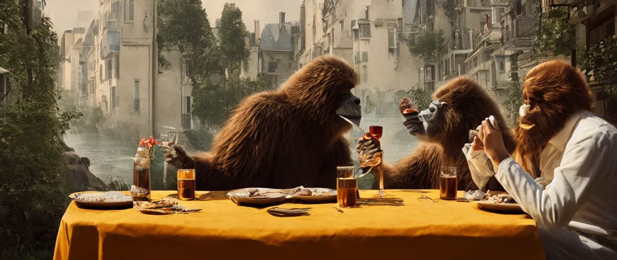 Image similar to accidentally wes anderson award - winning photograph of yeti and bigfoot eating lung outside paris restaurant, accidental renaissance, golden ratio, fibonacci composition, 4 k, detailed, art by greg rutkowsky, trending on artstation, cinematic lighting, filmic grain, golden hour, detailed, 4 k