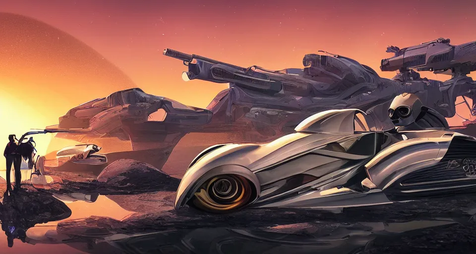 Prompt: a decadent futuristic sportscar designed by pinifarina and a female robot holding a bazooka at a lake in ancient greece, hdr, hyperrealistic, photorealistic, bokeh, volumetric lighting, sunrise background, production i. g. studios syd mead style