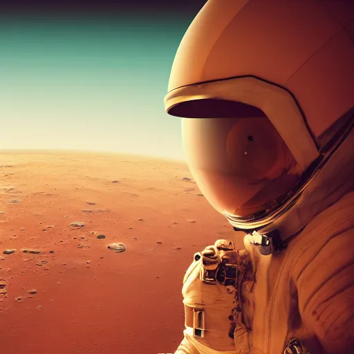 Prompt: an astronaut sleeping on the surface of mars, earth in the distance, cinematic, grain, smooth, 8 k