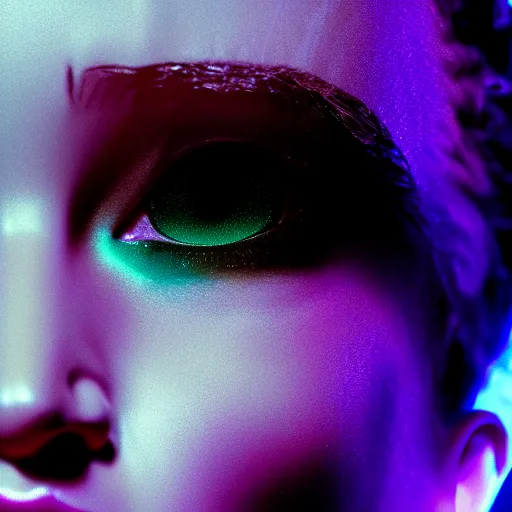 Prompt: close up detail of the face of jennifer lawrence as the bride of frankenstein, macro photography, glowing retinas, vaporwave