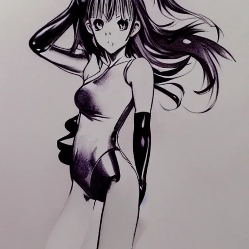 Image similar to beautiful aesthetic inspirational masterful professional ink pen liner sketch of a 1 9 9 0 s anime manga japanese girl posing in latex leotard, marvel style, concept art, fine details, trending on artstation, high quality paper, instagram photo. art university academy work, gnomon, calarts