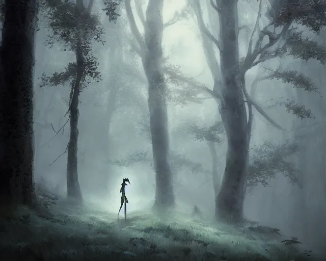 Image similar to a cloaked adventurer in foggy, ghostly woods. Dangerous, foggy, cloudy, mysterious, ominous, threatening, adventurous, ghostly. By Makoto Shinkai, Stanley Artgerm Lau, WLOP, Rossdraws, James Jean, Andrei Riabovitchev, Marc Simonetti, krenz cushart, Sakimichan, trending on ArtStation, digital art.