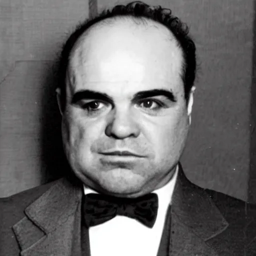 Image similar to an old mugshot of Al Capone, he is wearing a white tuxedo with a bowtie, he is smirking